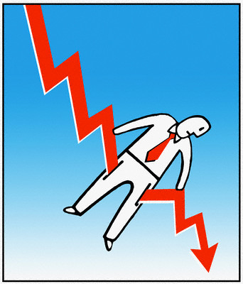 man with downward trending line graph going through his pockets