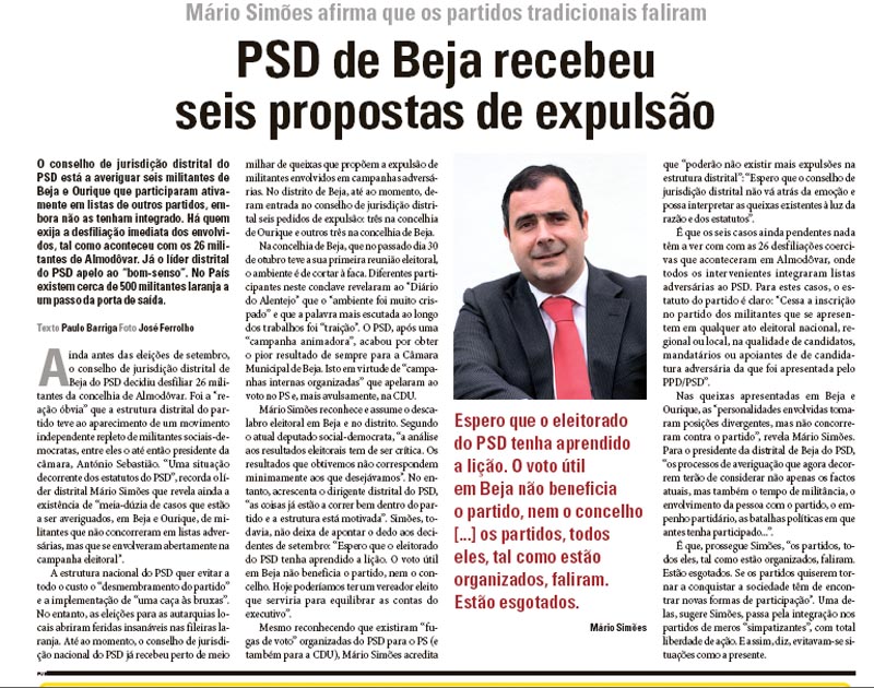 psd beja expulsa Diário Alentejo 15nov2013